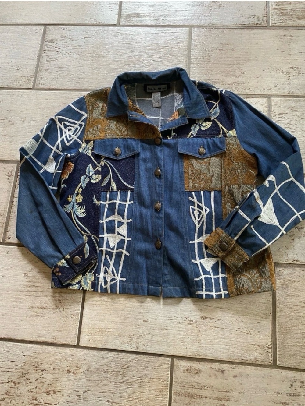 Stylish Patchwork Light Denim Jacket - Blue/Brown Size Petite Medium